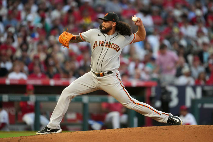 San Francisco Giants relief pitcher Sean Manaea throws in the third inning against the Los Angeles Angels at Angel Stadium.